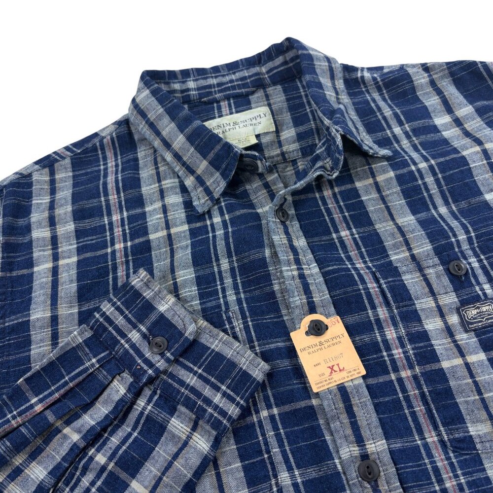 Denim & Supply Ralph Lauren Linen-Cotton Shirt Mens XL SLIM FIT Blue/Gray Plaid